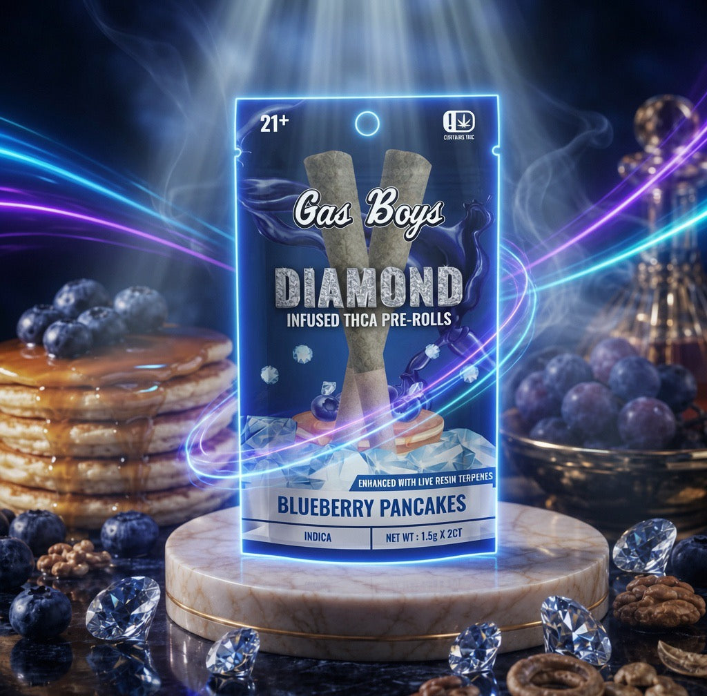 Gas Boys Diamond Infused THCA Pre-Rolls packaging with blueberry pancakes theme on a mystical background.