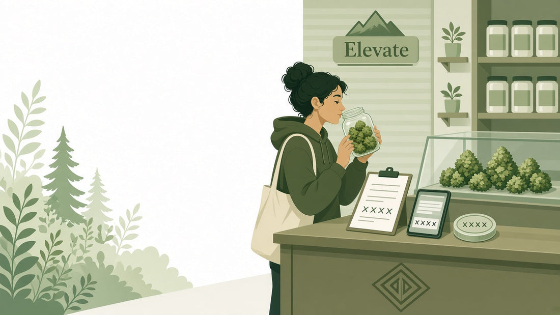 Shopper smelling a flower jar at the Elevate counter while matching the product name on the jar to an unlabeled lab report.