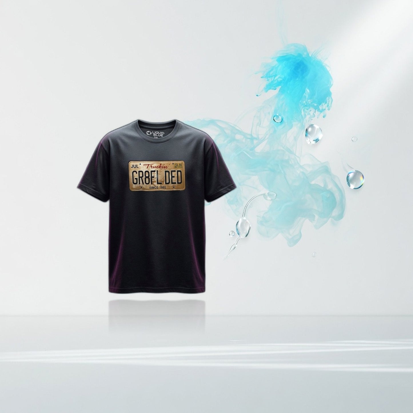 grateful-dead-truckin-gr8fl-ded-license-plate-t-shirt — Elevate fountain packshot