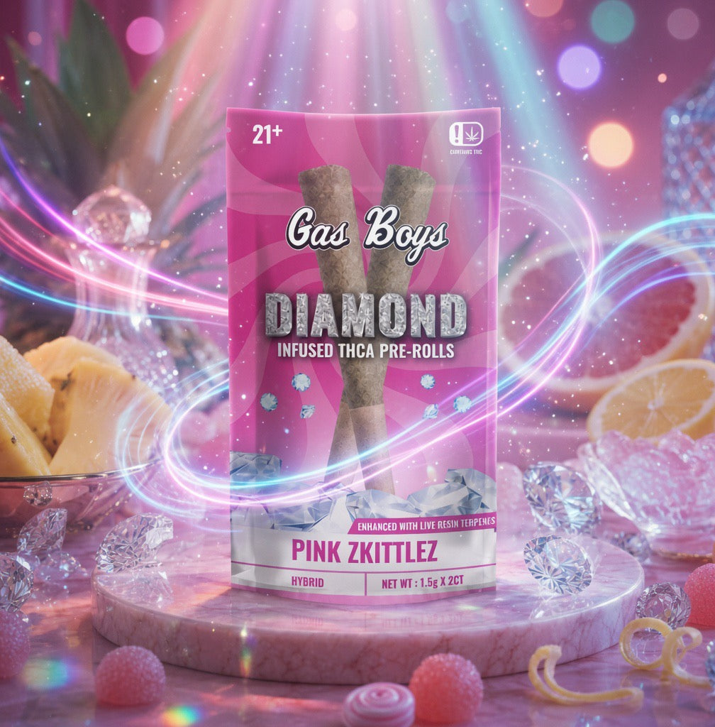 Gas Boys Diamond Infused ThcA Pre-Rolls packaging with colorful background and candy elements