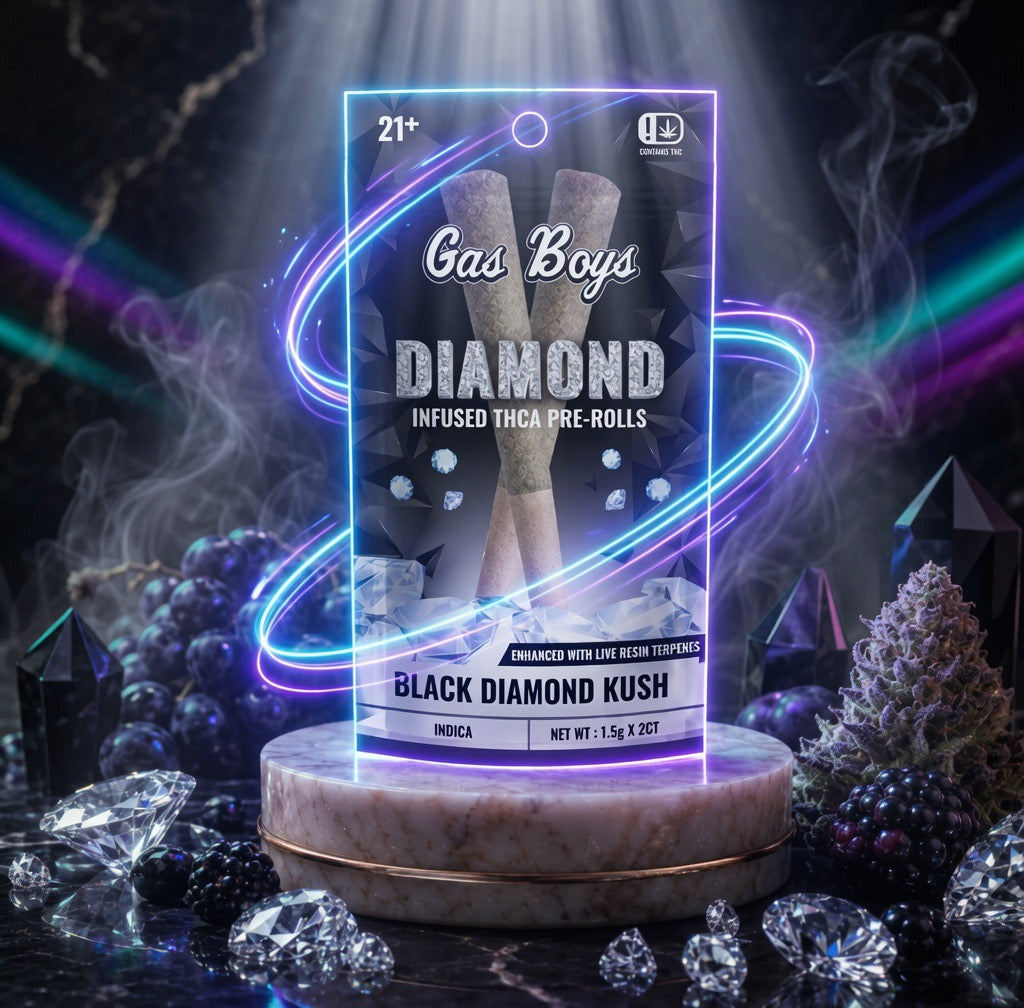 Gas Boys Diamond Infused Thc Pre-Rolls packaging with neon lights and decorative elements.
