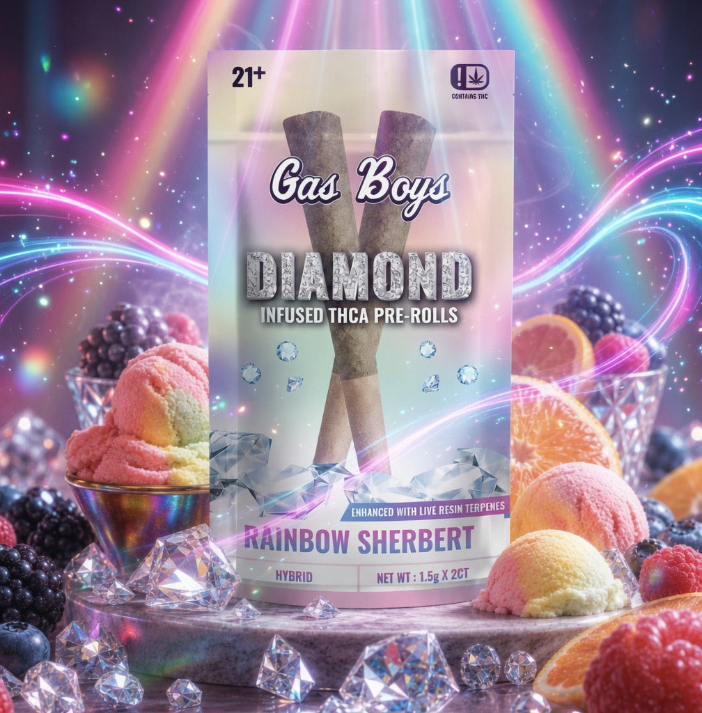 Packaging of Gas Boys Diamond Infused Thc Pre-Rolls with colorful background and ice cream.