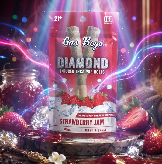 Packaging of Gas Boys Diamond Infused ThcA Pre-Rolls Strawberry Jam flavor with strawberries and resin on a colorful background.