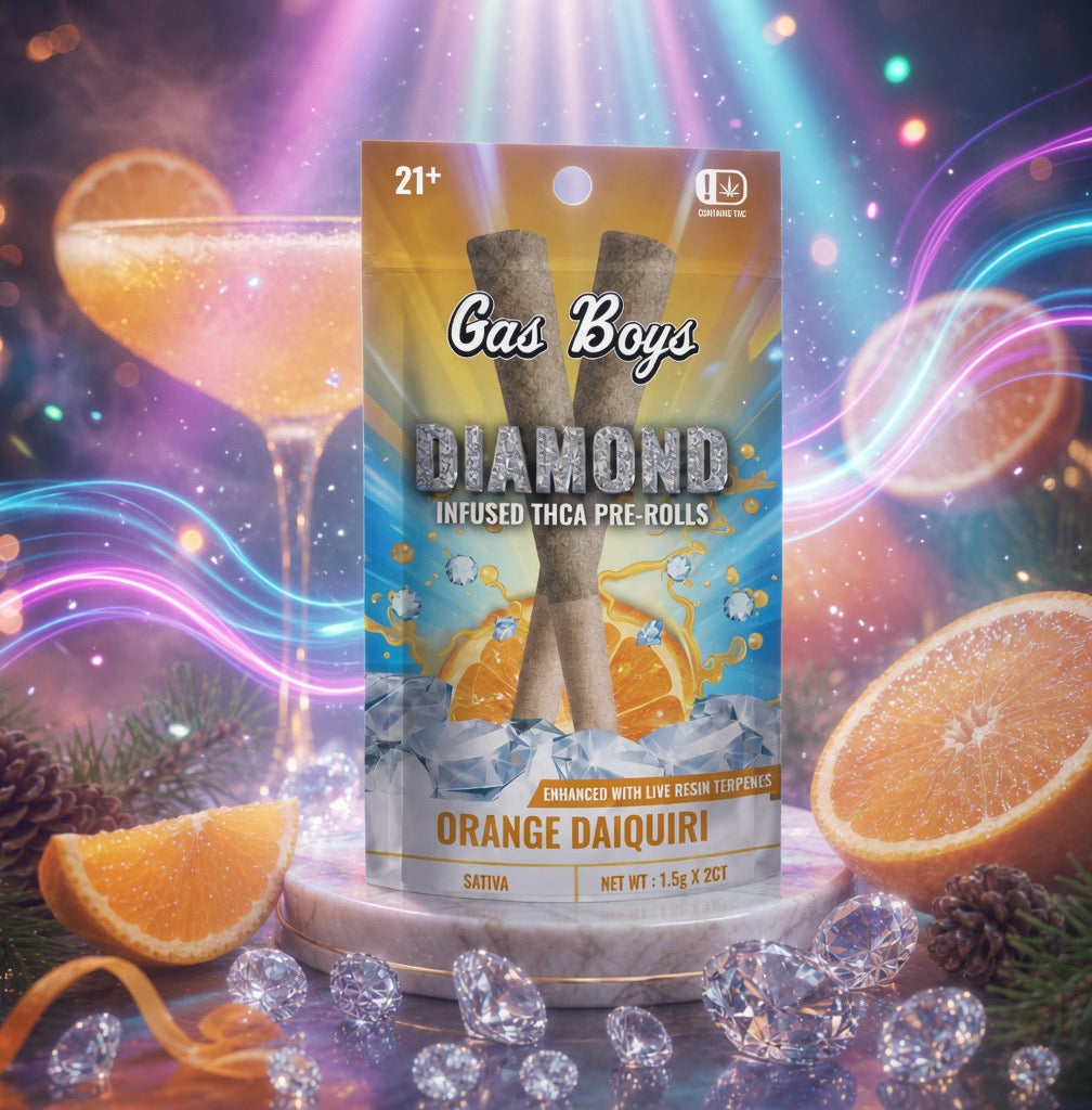 Packaging of Gas Boys Diamond Infused THCA Pre-Rolls with orange daiquiri flavor, surrounded by oranges and decorative elements.